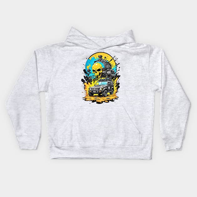 Apocalyptic cyberpunk truck feral skull futuristic poster design Kids Hoodie by Neon City Bazaar